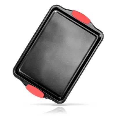 Nutrichef Small Cookie Sheet - Deluxe Nonstick Gray Coating Inside & Outside With Red Silicone Handles, Compat In Black;red