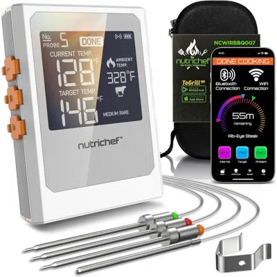 Nutrichef Smart Bbq Grill Thermometer - Digital Display, Stainless Dual Probes Safe To Leave In Outdoor Barbec
