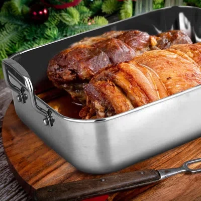 Nutrichef Stainless Steel Roasting Pan With Rack – Oven Roaster W/ Riveted Handles For Turkey Chicken, Meat &  In Polished Chrome