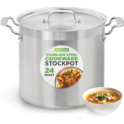 Nutrichef Stainless Steel Stock Pot With Lid, 24 Quart Large Stock Pot With Lid For Soup & Stews, Heavy Duty S In Silver;polished Chrome