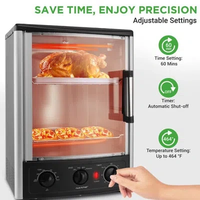 Nutrichef Vertical Countertop Oven With Rotisserie, Bake, Broil, & Kebab Rack Functions - Adjustable Settings  In Silver