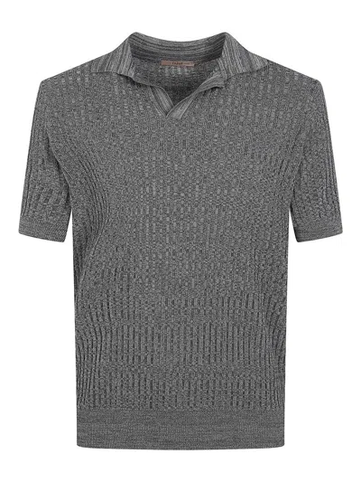 Nuur Short Sleeved Polo Neck Mouline T-shirt In Gray