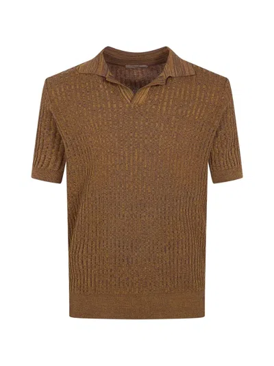 Nuur Short Sleeved Polo Neck Mouline T-shirt In Yellow