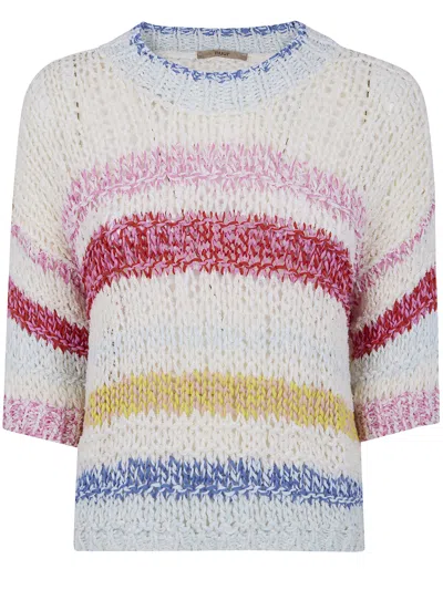Nuur Short Sleeves Multicolor Stripes Round Neck Sweater