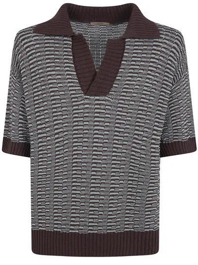 Nuur Two Tone Striped Short Sleeved Polo Neck T-shirt In Brown
