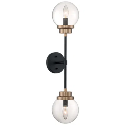 Nuvo Lighting Axis; 2 Light; Wall Sconce; Matte Black Finish W Brass Accents; Clear Glass