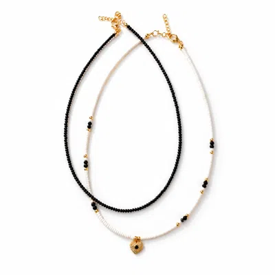 Nuvv Collection Women's Black / White Beaded Necklace With Heart Charm In Multi