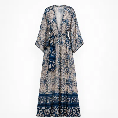 Nuvv Collection Women's Blue Porcelain Print Sheer Kimono Cover-up In Multi