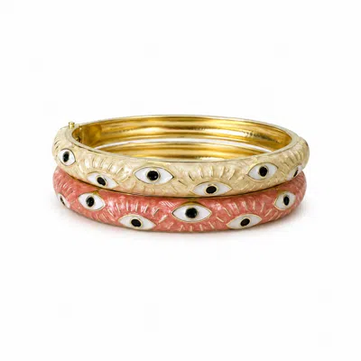 Nuvv Collection Women's Blush Pink & Ivory Evil Eye Enamel Bangle Set