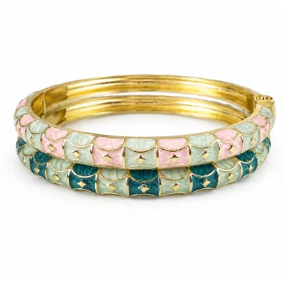 Nuvv Collection Women's Green / Pink Pastel Enamel Hinged Bangle Set – Pink Mint & Emerald Green In Green/pink