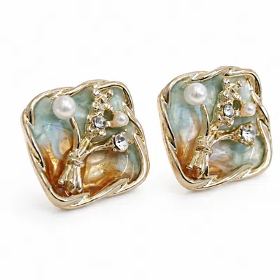 Nuvv Collection Women's Neutrals Floral Pearl Square Stud Earring In Green/yellow
