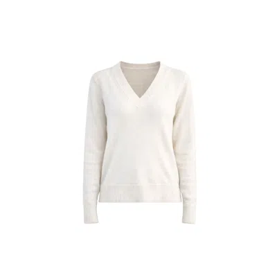 Nuvv Collection Women's White Cashmere And Wool Blend V Necked Knit Sweater – Soft Neutral Tone In Multi