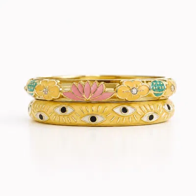 Nuvv Collection Women's Yellow Golden Lotus & Evil Eye Enamel Bangle Set