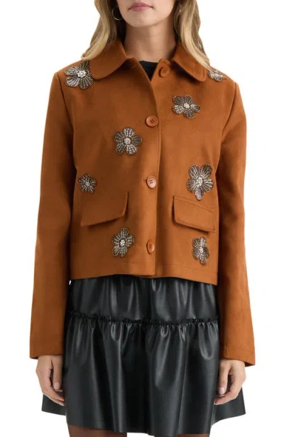 Nvlt Beaded Floral Faux Suede Jacket In Brown