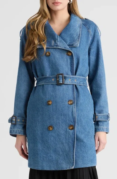 Nvlt Belted Double Breasted Denim Trench Coat In Blue