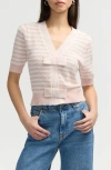 Nvlt Bow Stripe Short Sleeve Cotton Blend Sweater In Blush/marshmallow Stripe