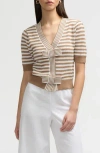 Nvlt Bow Stripe Short Sleeve Cotton Blend Sweater In Camel/marshmallow Stripe