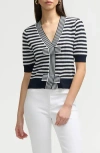 Nvlt Bow Stripe Short Sleeve Cotton Blend Sweater In Navy/marshmallow Stripe