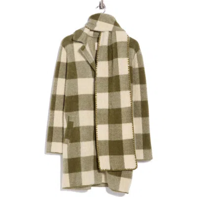 Nvlt Buffalo Plaid Eyelash Coatigan With Attached Scarf In Moss Buffalo