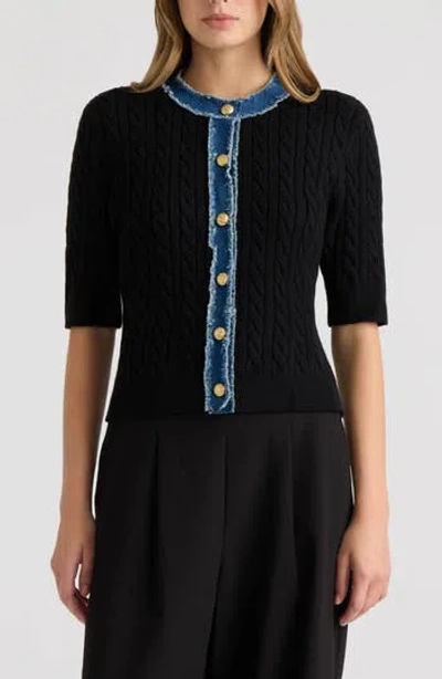 Nvlt Cable Cardigan With Denim Trim In Black