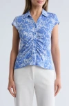 Nvlt Cap Sleeve Ruched Button Front Top In Blue