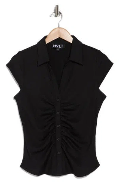 Nvlt Cap Sleeve Ruched Button Front Top In Black