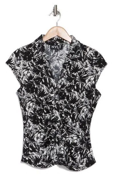 Nvlt Cap Sleeve Ruched Button Front Top In Black/white Garden