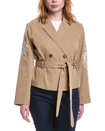 Nvlt Cropped Embroidered Double-breasted Belted Trench Coat In Brown