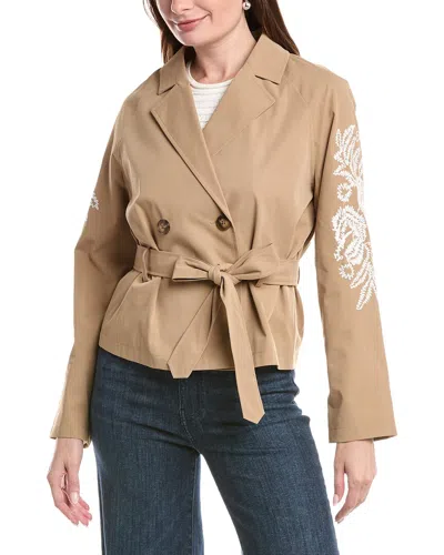 Nvlt Cropped Embroidered Double-breasted Belted Trench Coat In Brown