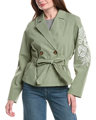 Nvlt Cropped Embroidered Double-breasted Belted Trench Coat In Green
