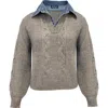 Nvlt Denim Collar Shaker Knit Sweater In Gray