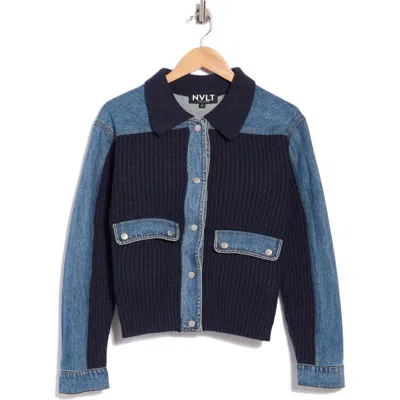 Nvlt Denim Trim Sweater Jacket In Navy
