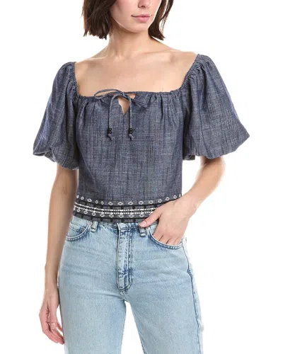 Nvlt Embroidered Balloon Sleeve Linen-blend Top In Blue