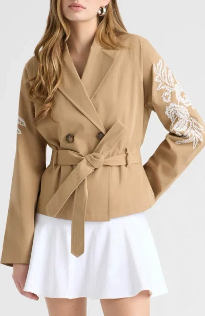 Nvlt Embroidered Belted Crop Trench Coat In Brown