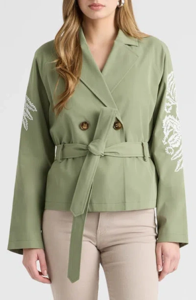 Nvlt Embroidered Belted Crop Trench Coat In Green