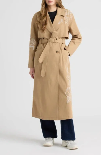 Nvlt Embroidered Belted Trench Coat In Brown