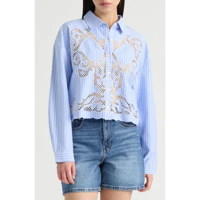 Nvlt Embroidered Cutout Long Sleeve Crop Button-up Shirt In Blue