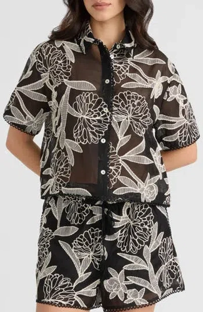 Nvlt Embroidered Georgette Short Sleeve Camp Shirt In Multi