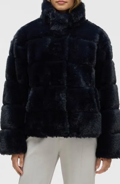 Nvlt Eva Wide Stripe Faux Fur Jacket In Navy