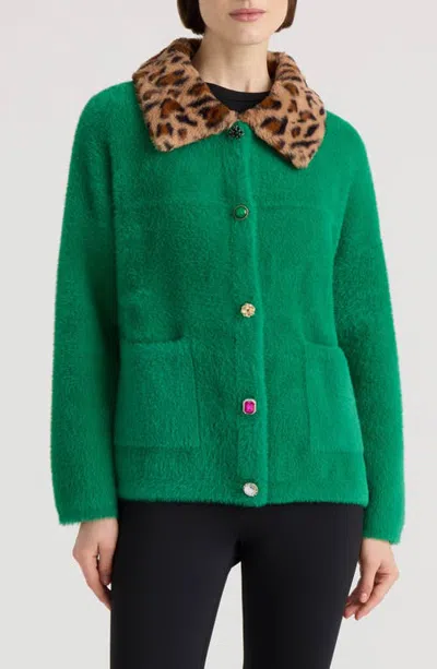 Nvlt Eyelash Crop Coatigan With Faux Fur Collar In Green