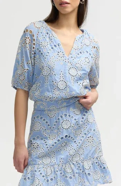 Nvlt Eyelet Puff Sleeve Top In Blue