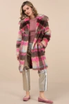 Nvlt Fancy Brown And Fuchsia Plaid Faux Fur Coat In Fuchsia
