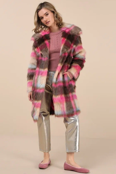 Nvlt Fancy Brown And Fuchsia Plaid Faux Fur Coat