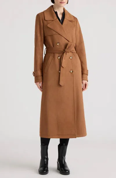 Nvlt Faux Suede Double Breasted Longline Coat In Brown