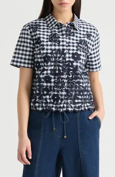 Nvlt Floral Gingham Cotton Poplin Button-up Shirt In Blue