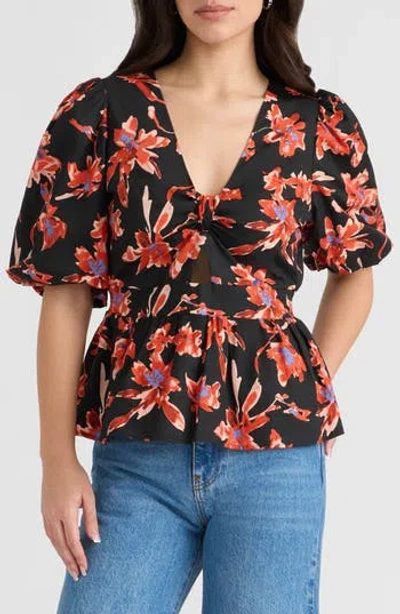 Nvlt Floral Puff Sleeve Poplin Top In Blue
