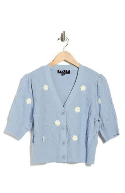 Nvlt Flower Cable Stitch Short Sleeve Cardigan In Blue