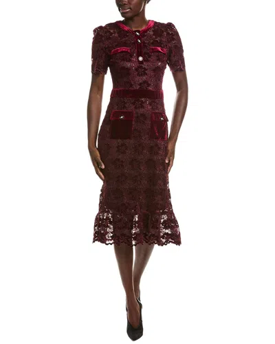 Nvlt Lace Velvet Midi Dress In Burgundy