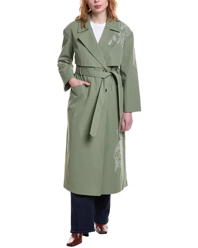 Nvlt Longline Embroidered Double-breasted Belted Trench Coat In Green