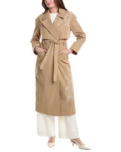 Nvlt Longline Embroidered Double-breasted Belted Trench Coat In Brown